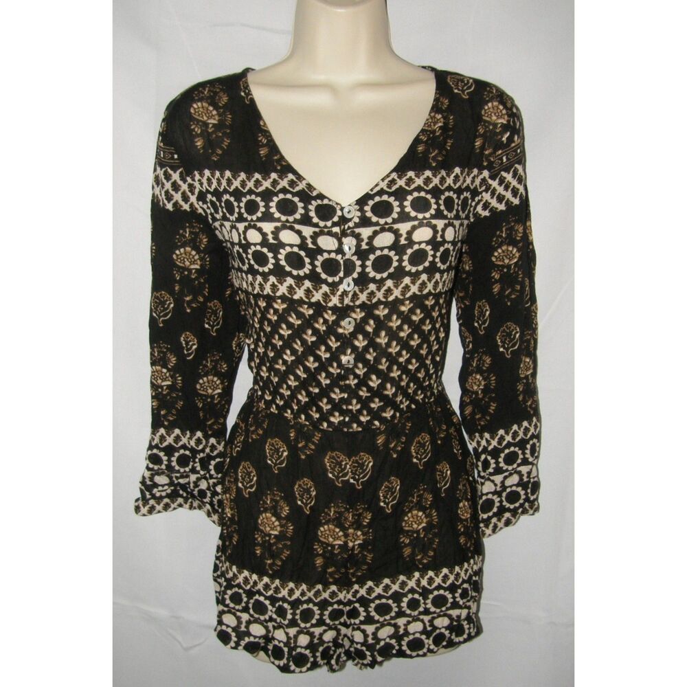 RAGA Black Print Sz Medium Casual Wear Long Sleeve Romper 1 pc Boho Outfit NEW